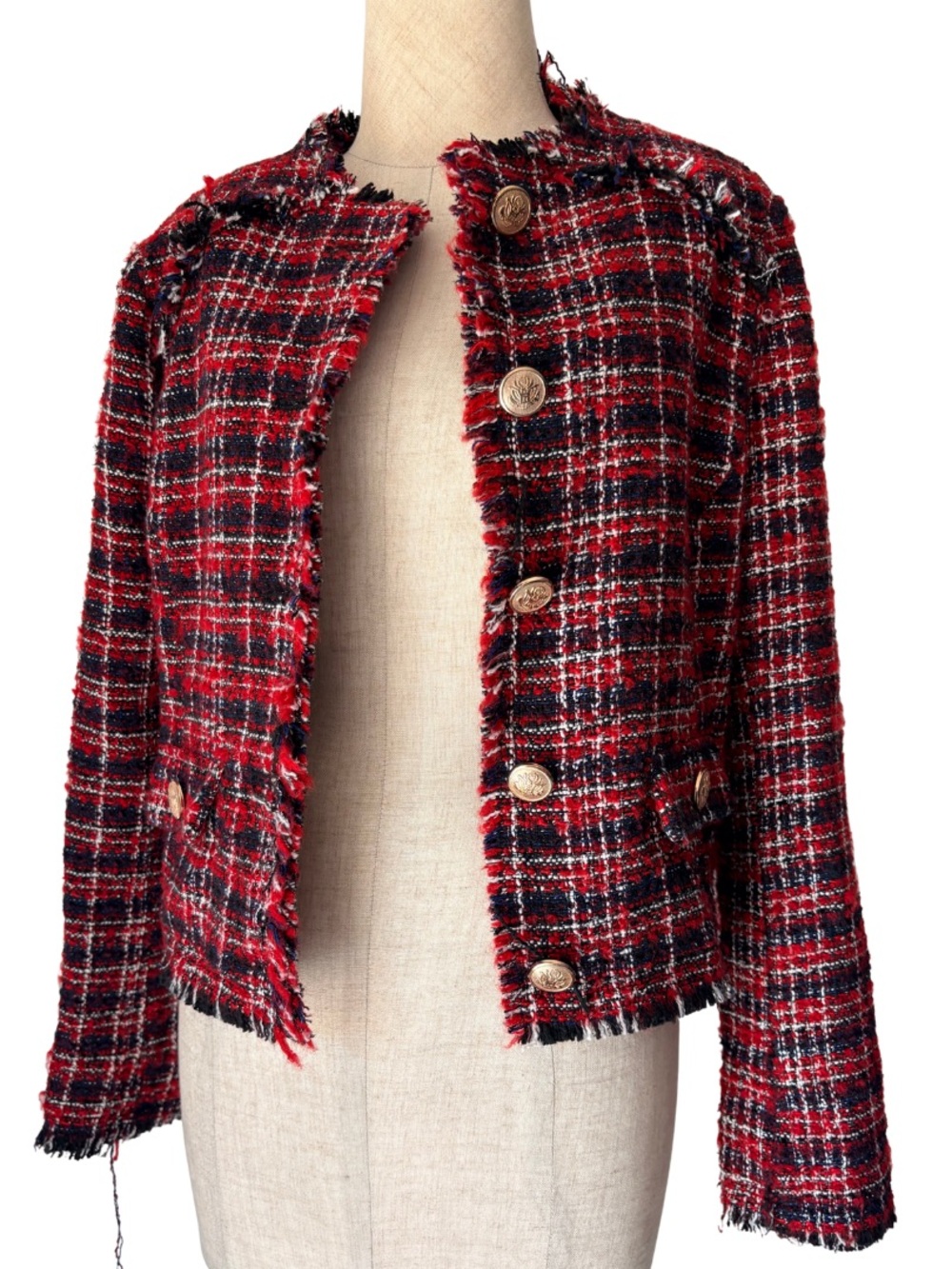Walter Baker Tweed Blazer Jacket Red Black Gold Buttons Medium
